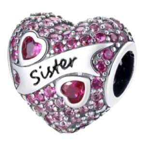 Silver Pink 'Sister' Heart Charm with Pink Crystals